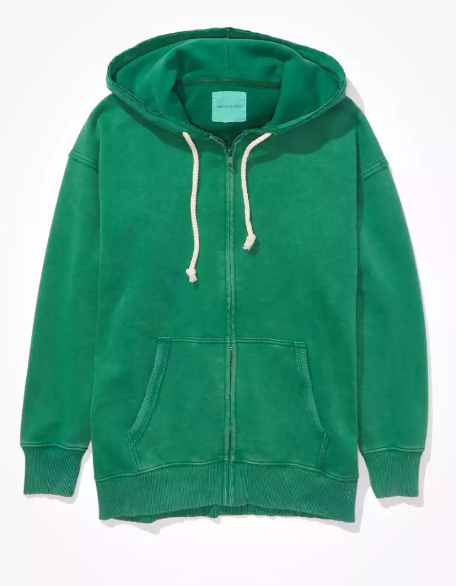 Sweat à Capuche American Eagle AE Oversized Zip-Up Vert Femme | IVQ-16598090